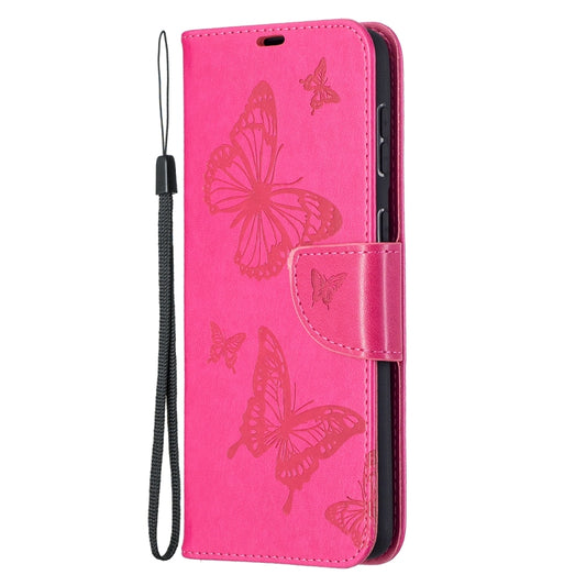 For Samsung Galaxy S21+ 5G Embossing Two Butterflies Pattern Horizontal Flip PU Leather Case with Holder & Card Slot & Wallet & Lanyard(Rose Red) by buy2fix