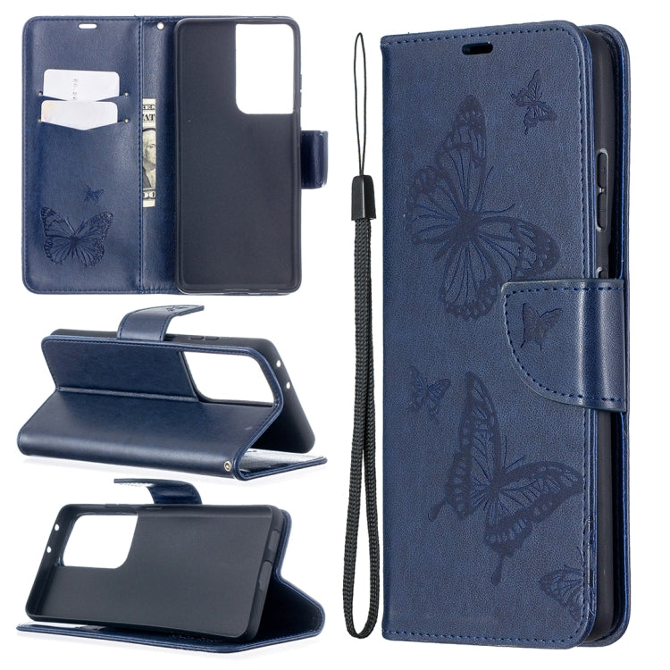 For Samsung Galaxy S21 Ultra 5G Embossing Two Butterflies Pattern Horizontal Flip PU Leather Case with Holder & Card Slot & Wallet & Lanyard(Blue) - Galaxy S21 Ultra 5G Cases by buy2fix | Online Shopping UK | buy2fix