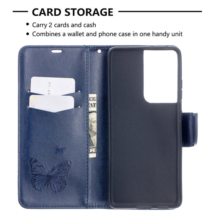 For Samsung Galaxy S21 Ultra 5G Embossing Two Butterflies Pattern Horizontal Flip PU Leather Case with Holder & Card Slot & Wallet & Lanyard(Blue) - Galaxy S21 Ultra 5G Cases by buy2fix | Online Shopping UK | buy2fix