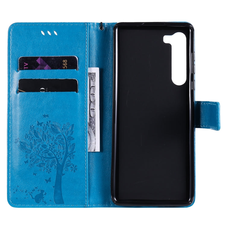 For Motorola Edge Tree & Cat Pattern Pressed Printing Horizontal Flip PU Leather Case with Holder & Card Slots & Wallet & Lanyard(Blue) by buy2fix