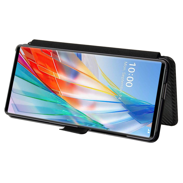For LG Wing 5G with Buckle Carbon Fiber Texture Horizontal Flip TPU + PC + PU Leather Case with Card Slot(Black) - LG Cases by buy2fix | Online Shopping UK | buy2fix
