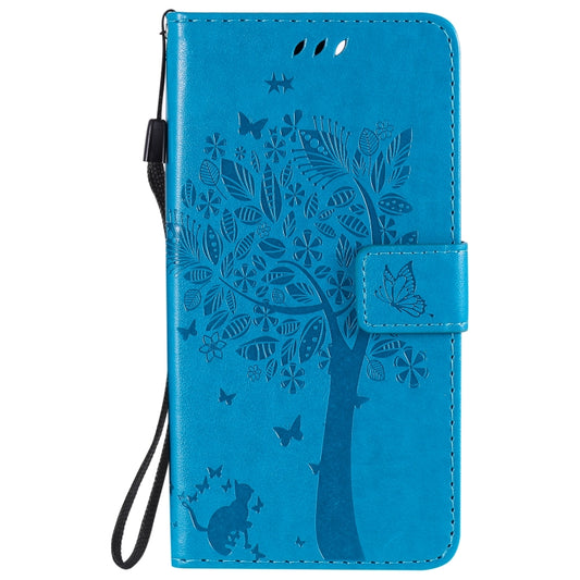 For Google Pixel 4a 5G / Pixel 5 XL Tree & Cat Embossed Pattern Horizontal Flip Leather Case with Holder & Card Slots & Wallet & Lanyard(Blue) by buy2fix