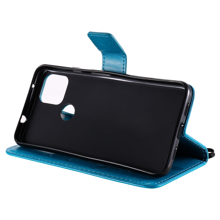 For Google Pixel 4a 5G / Pixel 5 XL Tree & Cat Embossed Pattern Horizontal Flip Leather Case with Holder & Card Slots & Wallet & Lanyard(Blue) by buy2fix