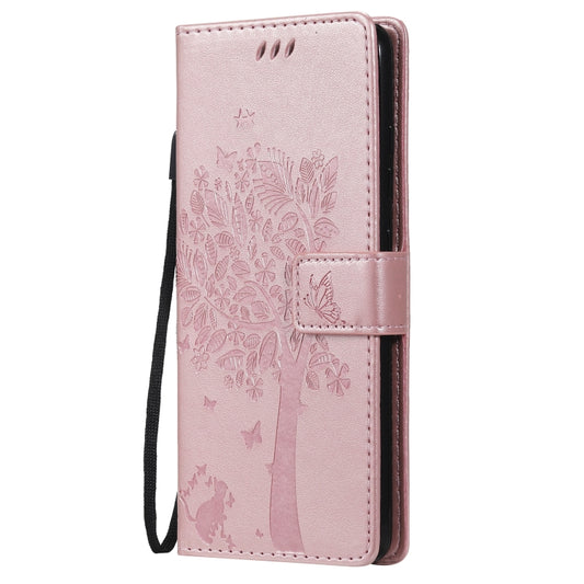 For Samsung Galaxy S20 FE 5G / S20 Lite Tree & Cat Pattern Pressed Printing Horizontal Flip PU Leather Case with Holder & Card Slots & Wallet & Lanyard(Rose Gold) by buy2fix
