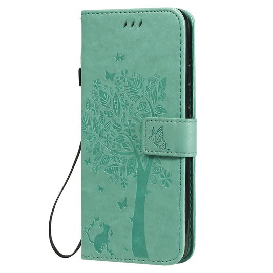 For Xiaomi Redmi 9A Tree & Cat Pattern Pressed Printing Horizontal Flip PU Leather Case with Holder & Card Slots & Wallet & Lanyard(Green) by buy2fix