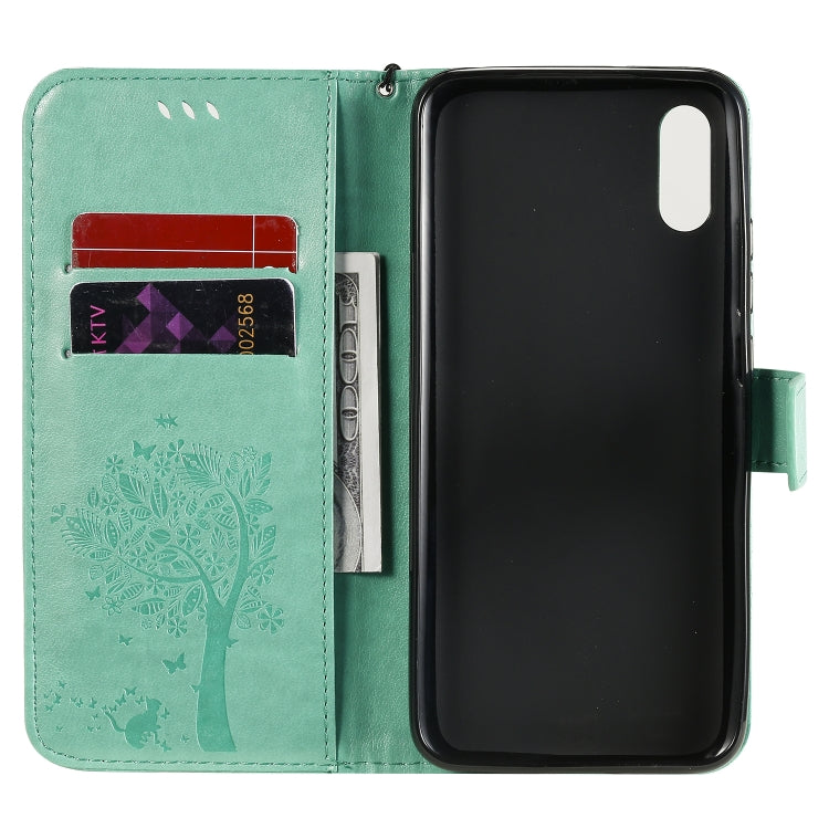 For Xiaomi Redmi 9A Tree & Cat Pattern Pressed Printing Horizontal Flip PU Leather Case with Holder & Card Slots & Wallet & Lanyard(Green) - Xiaomi Cases by buy2fix | Online Shopping UK | buy2fix