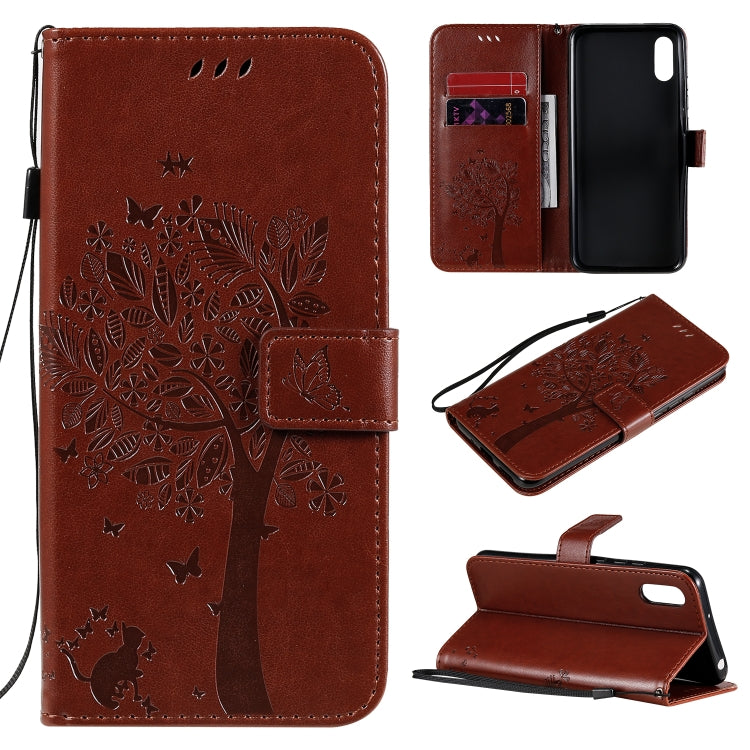 For Xiaomi Redmi 9A Tree & Cat Pattern Pressed Printing Horizontal Flip PU Leather Case with Holder & Card Slots & Wallet & Lanyard(Coffee) - Xiaomi Cases by buy2fix | Online Shopping UK | buy2fix