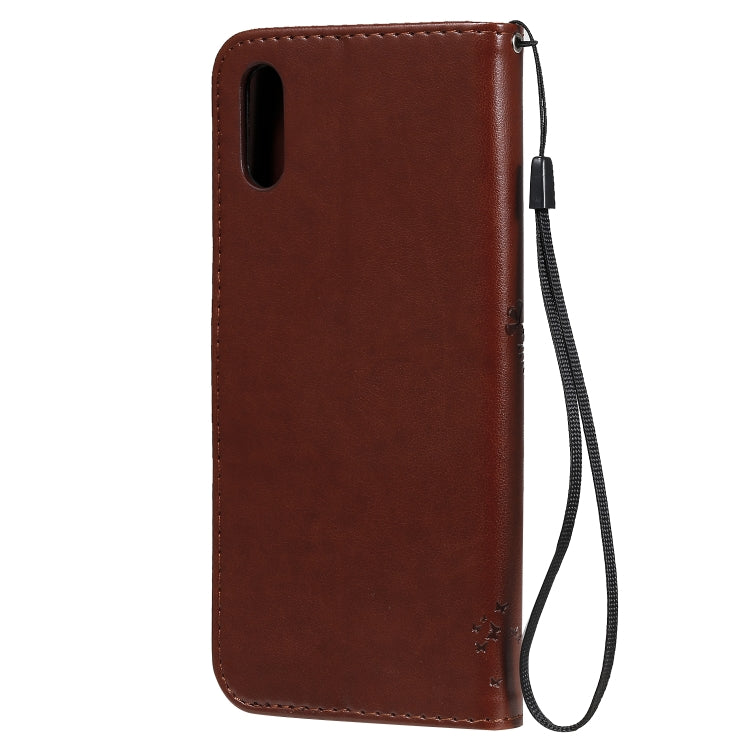 For Xiaomi Redmi 9A Tree & Cat Pattern Pressed Printing Horizontal Flip PU Leather Case with Holder & Card Slots & Wallet & Lanyard(Coffee) - Xiaomi Cases by buy2fix | Online Shopping UK | buy2fix