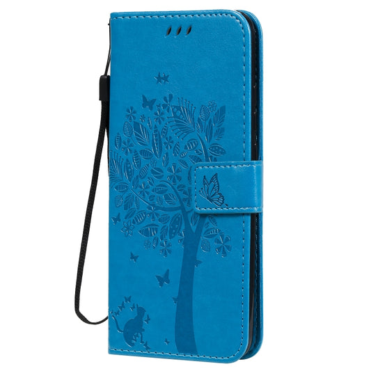 For Xiaomi Redmi 9A Tree & Cat Pattern Pressed Printing Horizontal Flip PU Leather Case with Holder & Card Slots & Wallet & Lanyard(Blue) by buy2fix