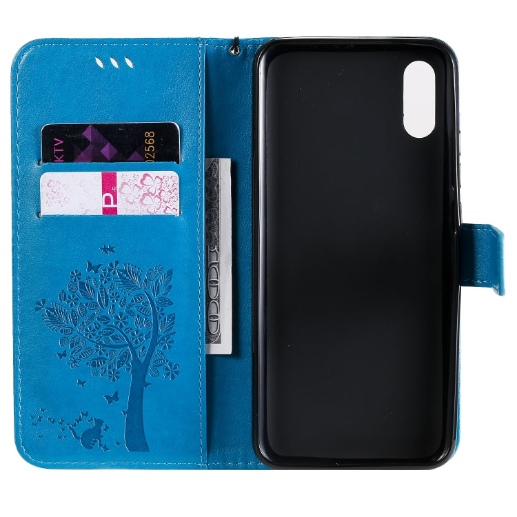 For Xiaomi Redmi 9A Tree & Cat Pattern Pressed Printing Horizontal Flip PU Leather Case with Holder & Card Slots & Wallet & Lanyard(Blue) - Xiaomi Cases by buy2fix | Online Shopping UK | buy2fix
