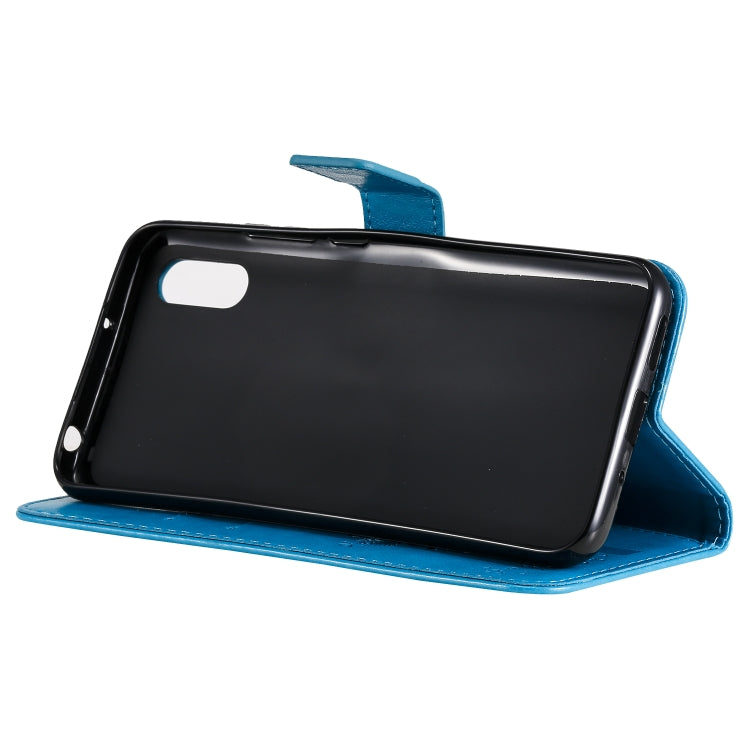 For Xiaomi Redmi 9A Tree & Cat Pattern Pressed Printing Horizontal Flip PU Leather Case with Holder & Card Slots & Wallet & Lanyard(Blue) - Xiaomi Cases by buy2fix | Online Shopping UK | buy2fix