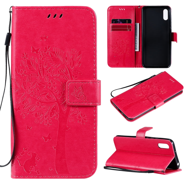 For Xiaomi Redmi 9A Tree & Cat Pattern Pressed Printing Horizontal Flip PU Leather Case with Holder & Card Slots & Wallet & Lanyard(Rose Red) - Xiaomi Cases by buy2fix | Online Shopping UK | buy2fix