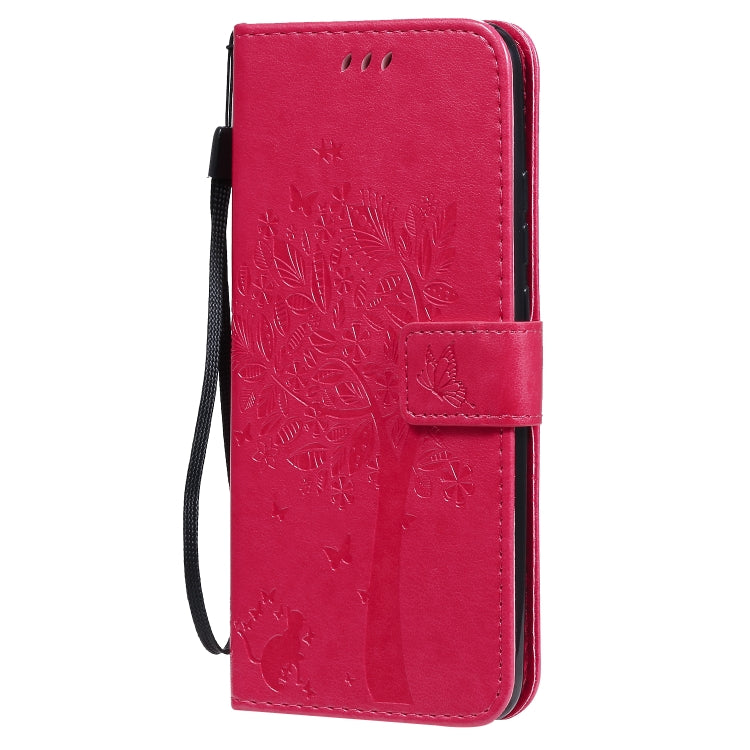 For Xiaomi Redmi 9A Tree & Cat Pattern Pressed Printing Horizontal Flip PU Leather Case with Holder & Card Slots & Wallet & Lanyard(Rose Red) - Xiaomi Cases by buy2fix | Online Shopping UK | buy2fix