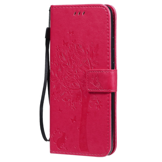 For Xiaomi Redmi 9A Tree & Cat Pattern Pressed Printing Horizontal Flip PU Leather Case with Holder & Card Slots & Wallet & Lanyard(Rose Red) by buy2fix