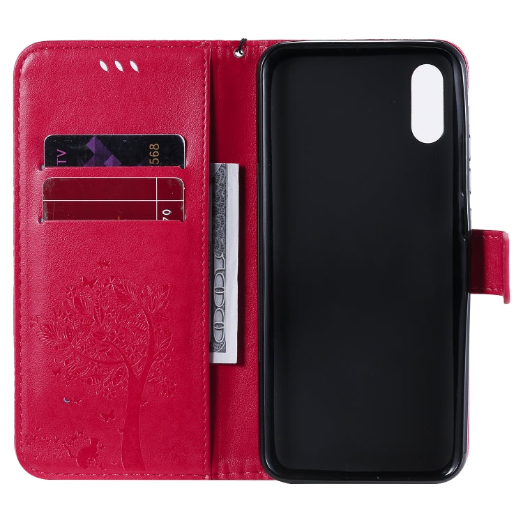 For Xiaomi Redmi 9A Tree & Cat Pattern Pressed Printing Horizontal Flip PU Leather Case with Holder & Card Slots & Wallet & Lanyard(Rose Red) - Xiaomi Cases by buy2fix | Online Shopping UK | buy2fix