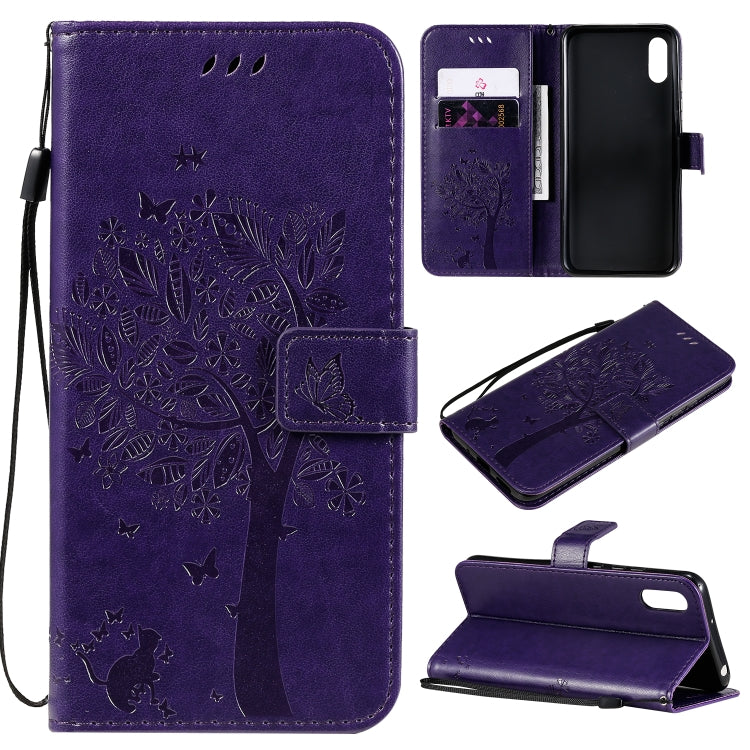 For Xiaomi Redmi 9A Tree & Cat Pattern Pressed Printing Horizontal Flip PU Leather Case with Holder & Card Slots & Wallet & Lanyard(Purple) - Xiaomi Cases by buy2fix | Online Shopping UK | buy2fix
