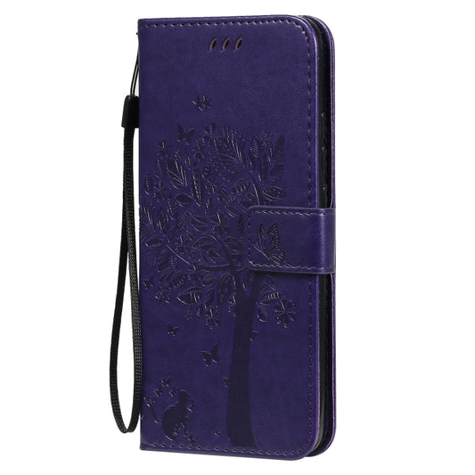 For Xiaomi Redmi 9A Tree & Cat Pattern Pressed Printing Horizontal Flip PU Leather Case with Holder & Card Slots & Wallet & Lanyard(Purple) by buy2fix