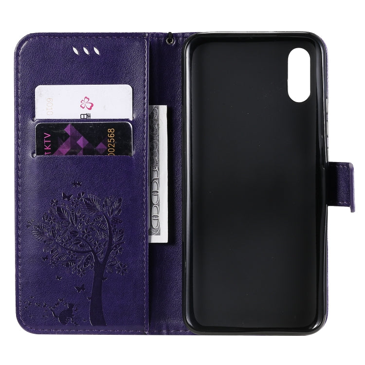 For Xiaomi Redmi 9A Tree & Cat Pattern Pressed Printing Horizontal Flip PU Leather Case with Holder & Card Slots & Wallet & Lanyard(Purple) - Xiaomi Cases by buy2fix | Online Shopping UK | buy2fix