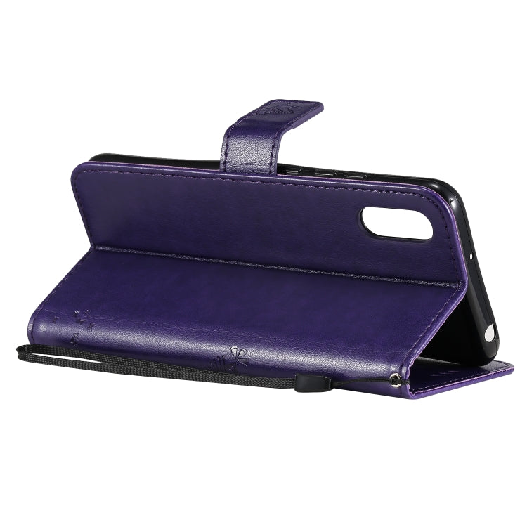 For Xiaomi Redmi 9A Tree & Cat Pattern Pressed Printing Horizontal Flip PU Leather Case with Holder & Card Slots & Wallet & Lanyard(Purple) - Xiaomi Cases by buy2fix | Online Shopping UK | buy2fix