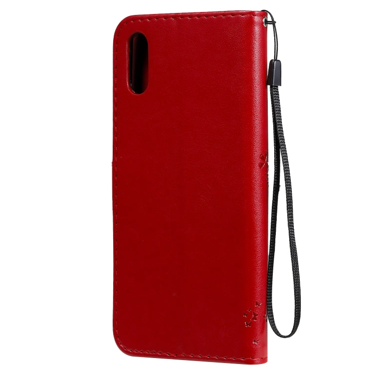 For Xiaomi Redmi 9A Tree & Cat Pattern Pressed Printing Horizontal Flip PU Leather Case with Holder & Card Slots & Wallet & Lanyard(Red) - Xiaomi Cases by buy2fix | Online Shopping UK | buy2fix