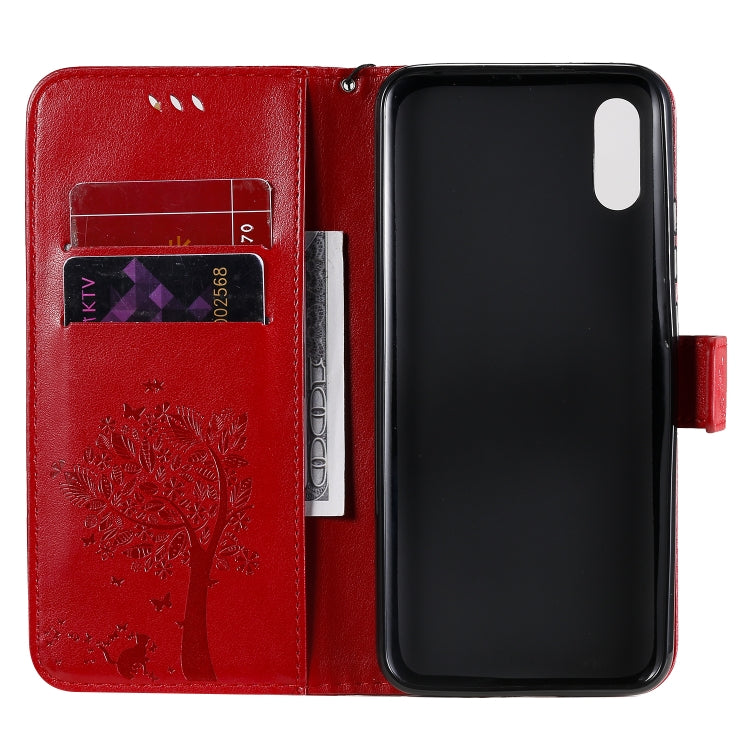 For Xiaomi Redmi 9A Tree & Cat Pattern Pressed Printing Horizontal Flip PU Leather Case with Holder & Card Slots & Wallet & Lanyard(Red) - Xiaomi Cases by buy2fix | Online Shopping UK | buy2fix
