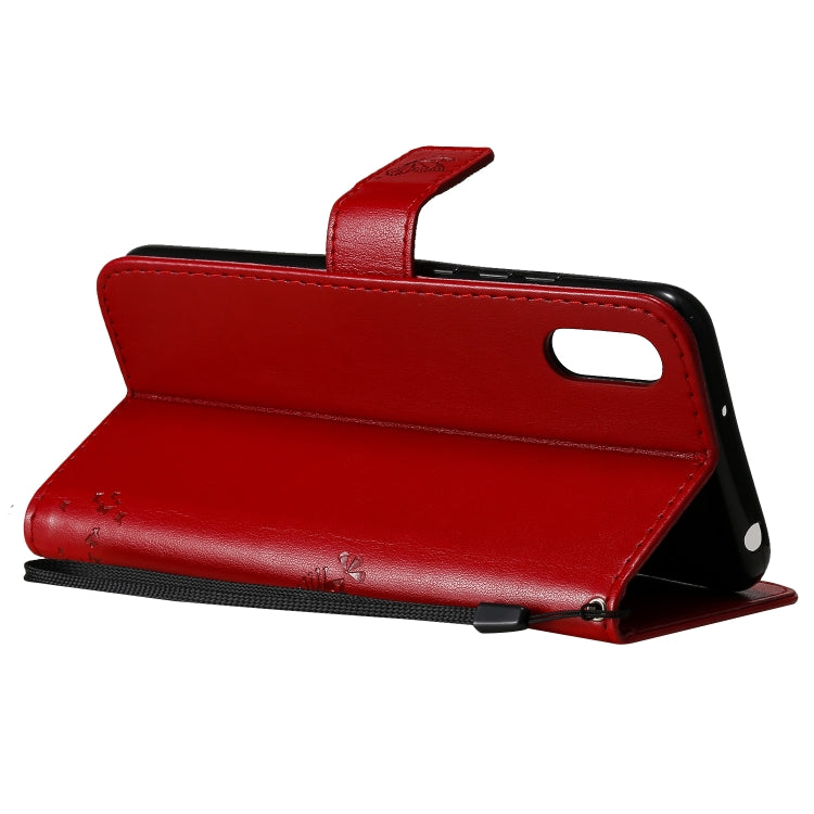 For Xiaomi Redmi 9A Tree & Cat Pattern Pressed Printing Horizontal Flip PU Leather Case with Holder & Card Slots & Wallet & Lanyard(Red) - Xiaomi Cases by buy2fix | Online Shopping UK | buy2fix