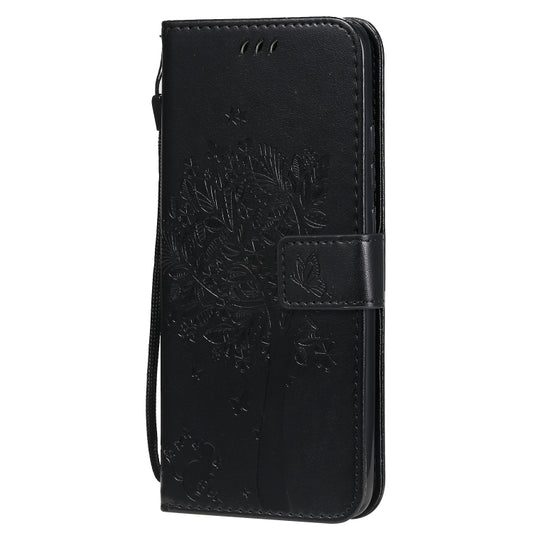 For Xiaomi Redmi 9A Tree & Cat Pattern Pressed Printing Horizontal Flip PU Leather Case with Holder & Card Slots & Wallet & Lanyard(Black) by buy2fix