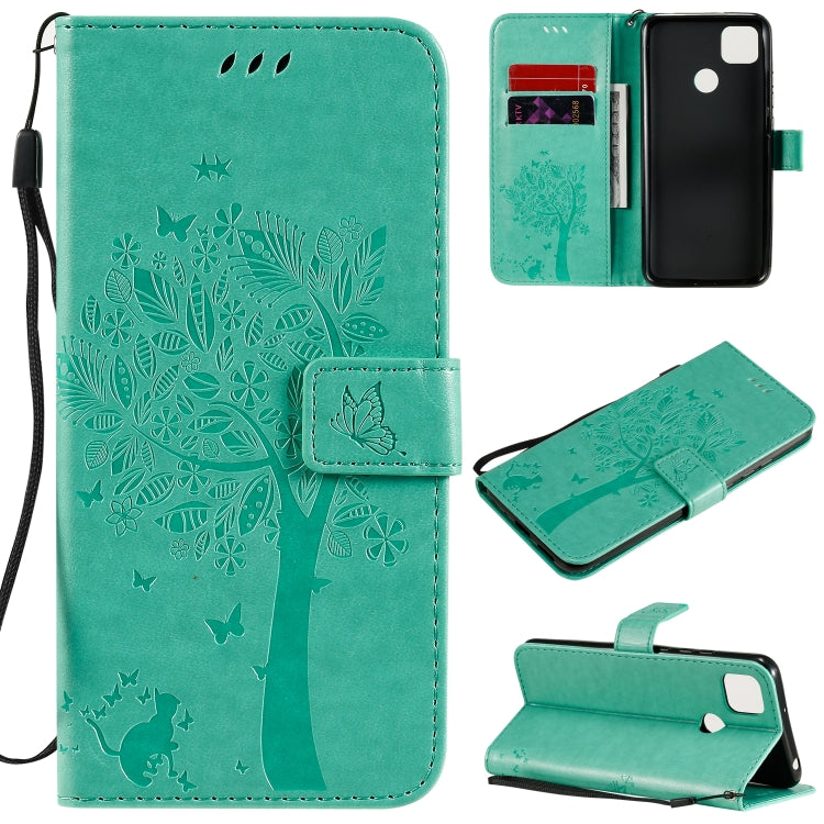 For Xiaomi Redmi 9C Tree & Cat Pattern Pressed Printing Horizontal Flip PU Leather Case with Holder & Card Slots & Wallet & Lanyard(Green) - Xiaomi Cases by buy2fix | Online Shopping UK | buy2fix