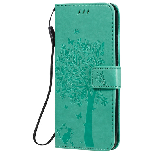 For Xiaomi Redmi 9C Tree & Cat Pattern Pressed Printing Horizontal Flip PU Leather Case with Holder & Card Slots & Wallet & Lanyard(Green) by buy2fix