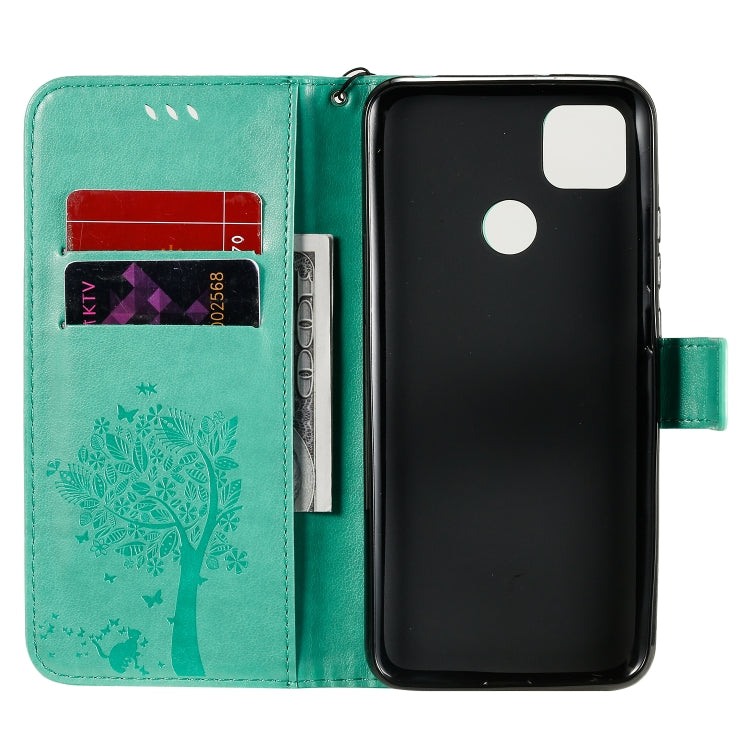 For Xiaomi Redmi 9C Tree & Cat Pattern Pressed Printing Horizontal Flip PU Leather Case with Holder & Card Slots & Wallet & Lanyard(Green) - Xiaomi Cases by buy2fix | Online Shopping UK | buy2fix