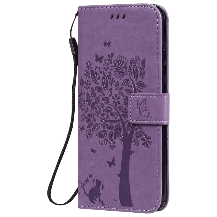 For Xiaomi Redmi 9C Tree & Cat Pattern Pressed Printing Horizontal Flip PU Leather Case with Holder & Card Slots & Wallet & Lanyard(Light Purple) - Xiaomi Cases by buy2fix | Online Shopping UK | buy2fix