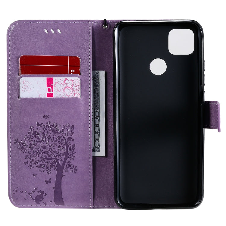 For Xiaomi Redmi 9C Tree & Cat Pattern Pressed Printing Horizontal Flip PU Leather Case with Holder & Card Slots & Wallet & Lanyard(Light Purple) - Xiaomi Cases by buy2fix | Online Shopping UK | buy2fix