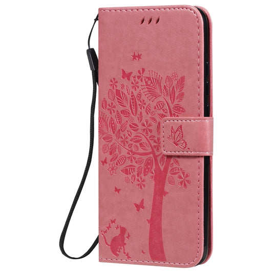 For Xiaomi Redmi 9C Tree & Cat Pattern Pressed Printing Horizontal Flip PU Leather Case with Holder & Card Slots & Wallet & Lanyard(Pink) by buy2fix