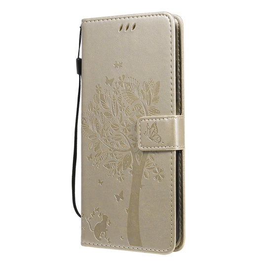 For Xiaomi Poco X3 NFC Tree & Cat Pattern Pressed Printing Horizontal Flip PU Leather Case with Holder & Card Slots & Wallet & Lanyard(Gold) by buy2fix