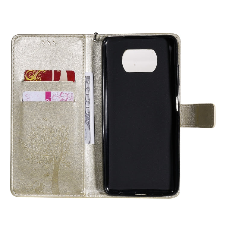 For Xiaomi Poco X3 NFC Tree & Cat Pattern Pressed Printing Horizontal Flip PU Leather Case with Holder & Card Slots & Wallet & Lanyard(Gold) - Xiaomi Cases by buy2fix | Online Shopping UK | buy2fix