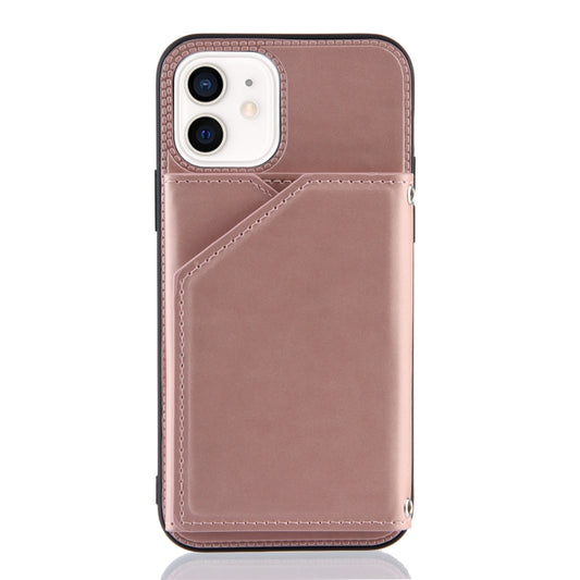 For iPhone 12 / 12 Pro Skin Feel PU + TPU + PC Back Cover Shockproof Case with Card Slots & Holder & Photo Frame(Rose Gold) by buy2fix