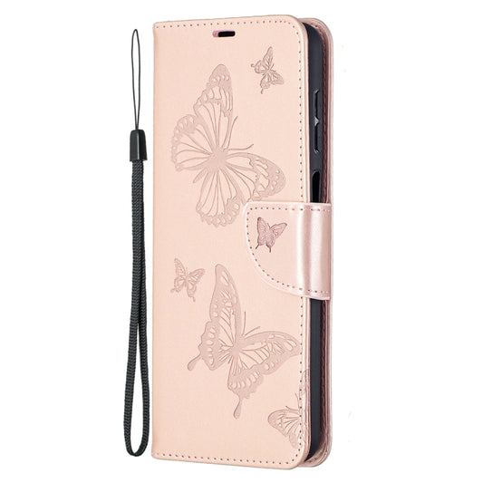 For Samsung Galaxy A12 Two Butterflies Embossing Pattern Horizontal Flip Leather Case with Holder & Card Slot & Wallet & Lanyard(Rose Gold) by buy2fix