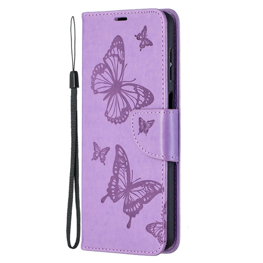 For Samsung Galaxy A12 Two Butterflies Embossing Pattern Horizontal Flip Leather Case with Holder & Card Slot & Wallet & Lanyard(Purple) by buy2fix