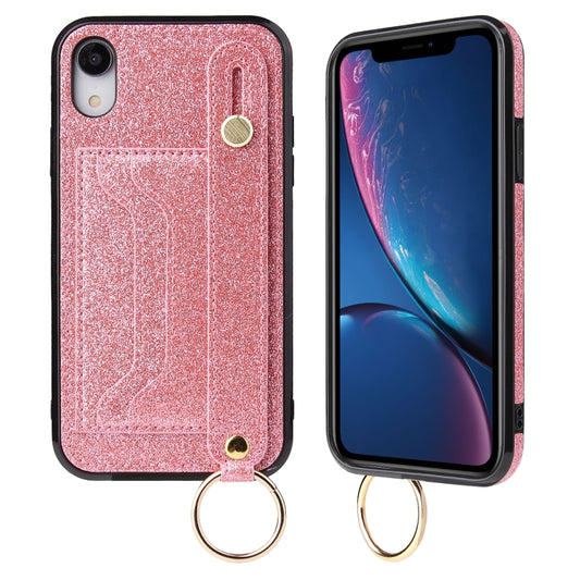 For iPhone XS Max Glitter Powder PU+TPU Shockproof Protective Case with Holder & Card Slots & Wrist Strap(Pink) by buy2fix
