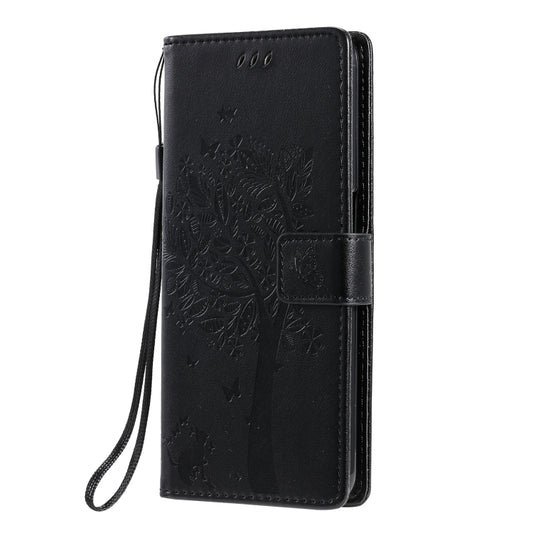 For OPPO Realme 7 Tree & Cat Pattern Pressed Printing Horizontal Flip PU Leather Case with Holder & Card Slots & Wallet & Lanyard(Black) by buy2fix