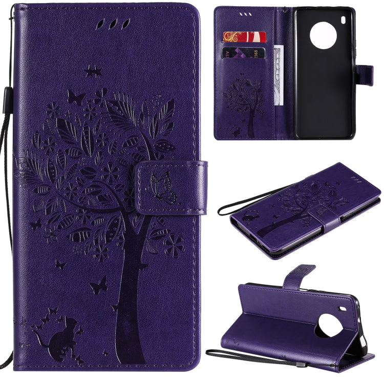 For Huawei Y9a Tree & Cat Pattern Pressed Printing Horizontal Flip PU Leather Case with Holder & Card Slots & Wallet & Lanyard(Purple) - Huawei Cases by buy2fix | Online Shopping UK | buy2fix