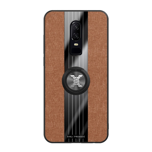 For OnePlus 6 XINLI Stitching Cloth Texture Shockproof TPU Protective Case with Ring Holder(Brown) by XINLI