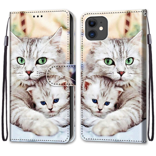 For iPhone 11 Coloured Drawing Cross Texture Horizontal Flip PU Leather Case with Holder & Card Slots & Wallet & Lanyard (Big Cat Holding Kitten) by buy2fix