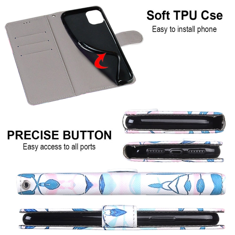 For iPhone 11 Coloured Drawing Cross Texture Horizontal Flip PU Leather Case with Holder & Card Slots & Wallet & Lanyard (Pink Green Leaf) - iPhone 11 Cases by buy2fix | Online Shopping UK | buy2fix