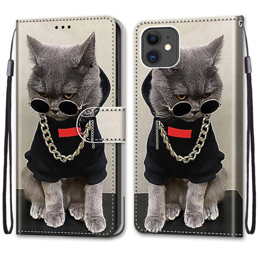 For iPhone 11 Coloured Drawing Cross Texture Horizontal Flip PU Leather Case with Holder & Card Slots & Wallet & Lanyard (B09 Golden Chain Grey Cat) - iPhone 11 Cases by buy2fix | Online Shopping UK | buy2fix