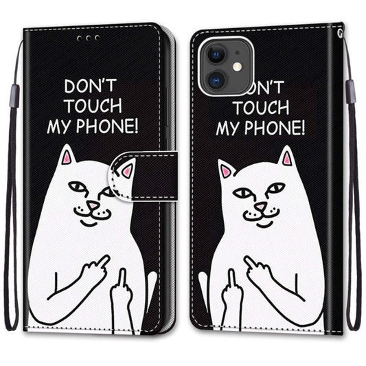 For iPhone 11 Coloured Drawing Cross Texture Horizontal Flip PU Leather Case with Holder & Card Slots & Wallet & Lanyard (Middle Finger White Cat) by buy2fix