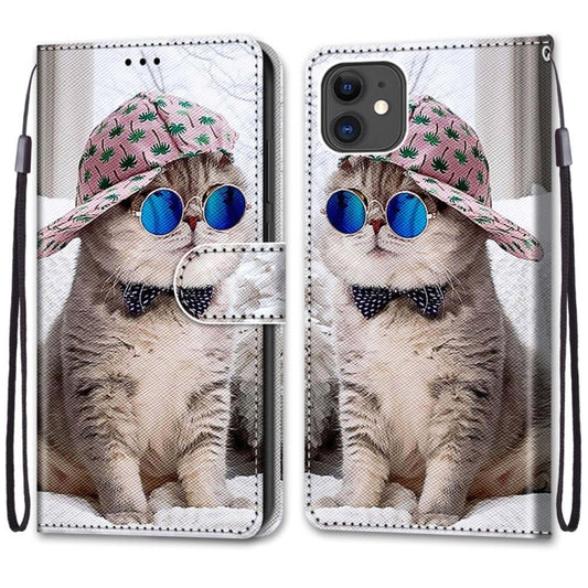 For iPhone 11 Coloured Drawing Cross Texture Horizontal Flip PU Leather Case with Holder & Card Slots & Wallet & Lanyard (Slant Hat Blue Mirror Cat) by buy2fix