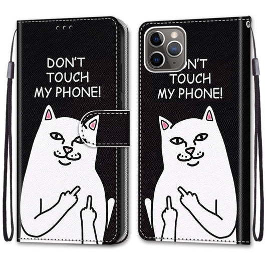 For iPhone 11 Pro Coloured Drawing Cross Texture Horizontal Flip PU Leather Case with Holder & Card Slots & Wallet & Lanyard (Middle Finger White Cat) by buy2fix