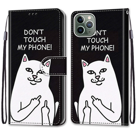 For iPhone 11 Pro Max Coloured Drawing Cross Texture Horizontal Flip PU Leather Case with Holder & Card Slots & Wallet & Lanyard (Middle Finger White Cat) by buy2fix