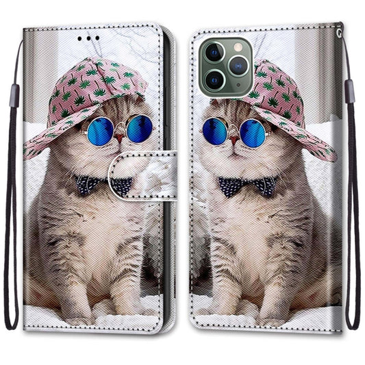 For iPhone 11 Pro Max Coloured Drawing Cross Texture Horizontal Flip PU Leather Case with Holder & Card Slots & Wallet & Lanyard (Slant Hat Blue Mirror Cat) by buy2fix